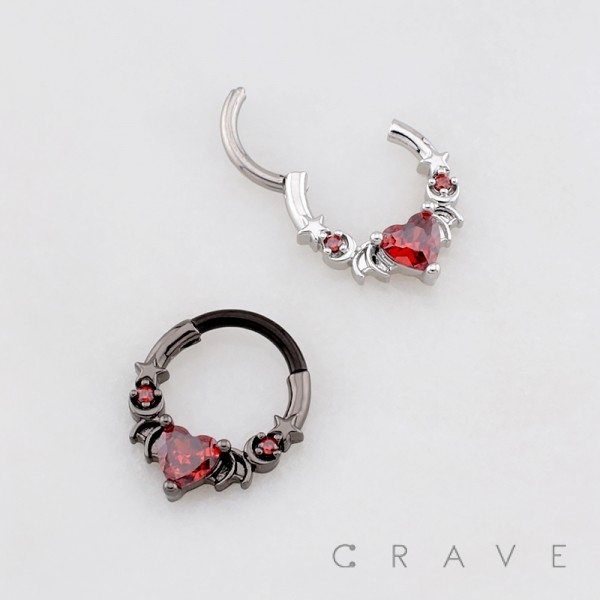 GOTHIC BAT WING CRESCENT MOON STAR SEPTUM CLICKER RING 316L SURGICAL STEEL